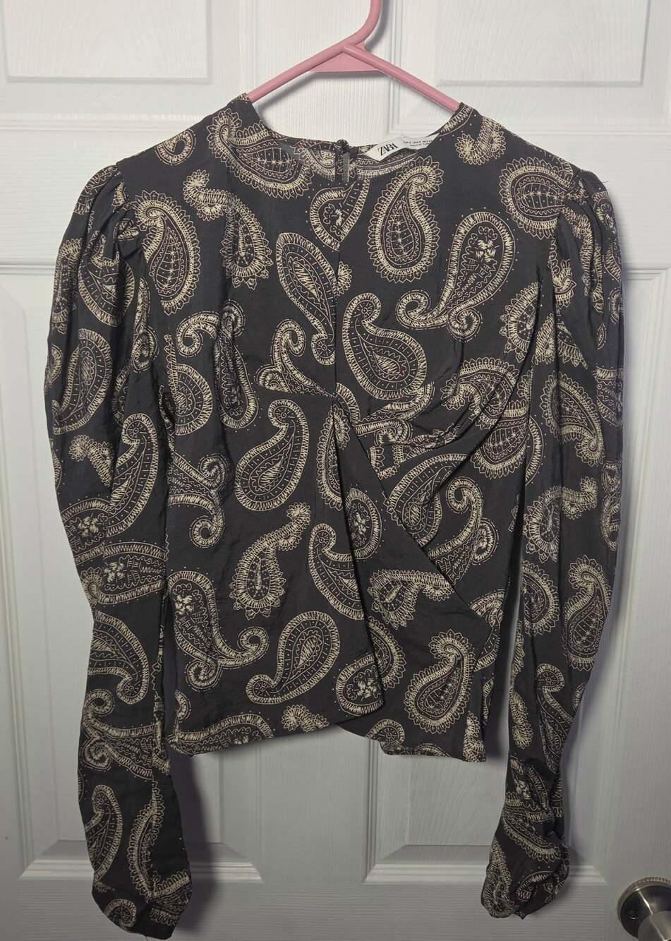 Zara Paisley Print Puff Sleeve Draped Blouse Black Beige Size S
